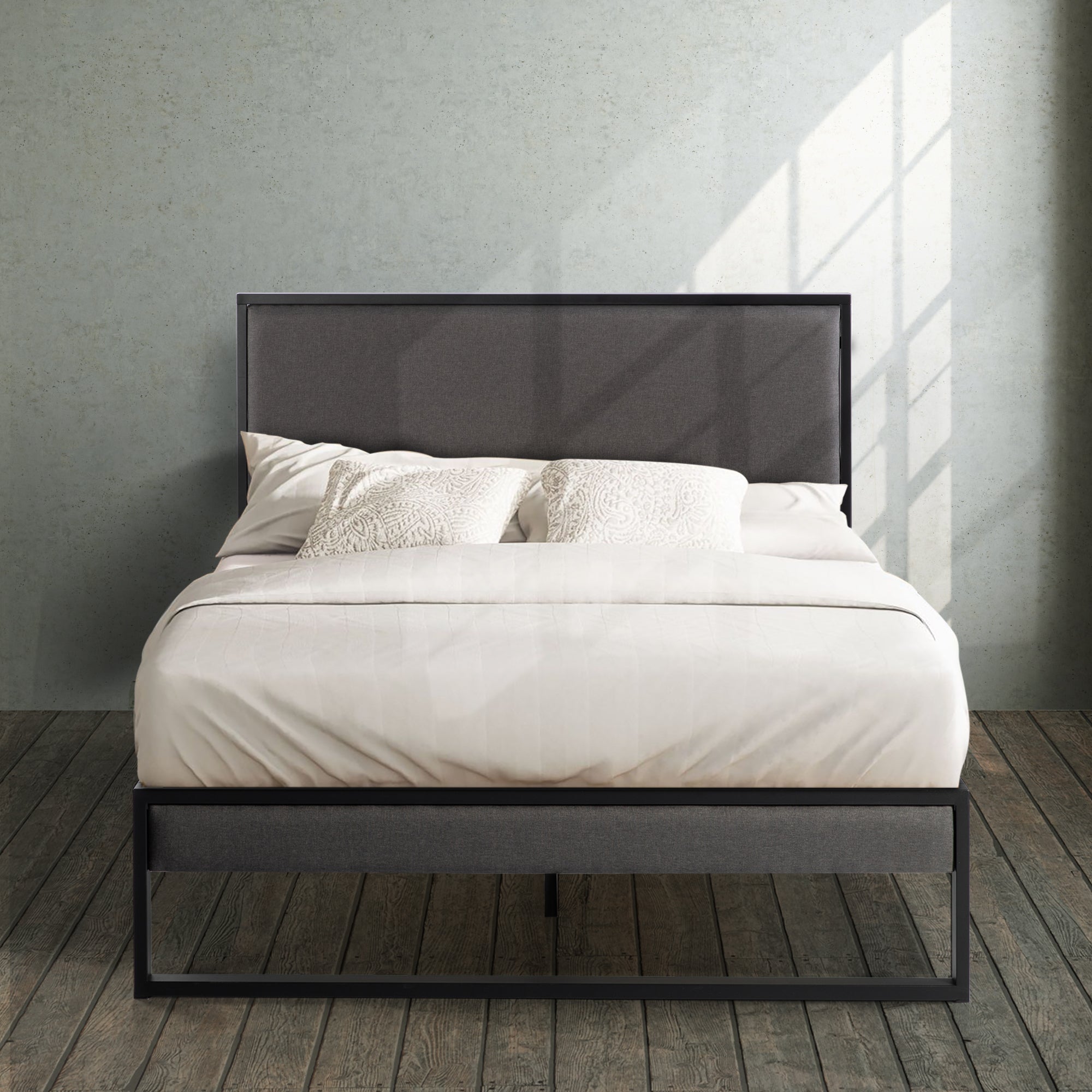 Christina upholstered platform bed on sale frame with headboard shelf